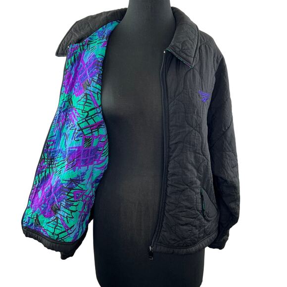 Reebok Jackets & Blazers - VINTAGE Reebok Black Zip Front Retro Print Quilted Windbreaker Jacket Size L VTG